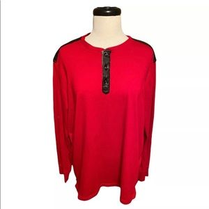 Men's Sean John XL Red Long Sleeve Henley Shirt Black Leatherette Elbow Patches